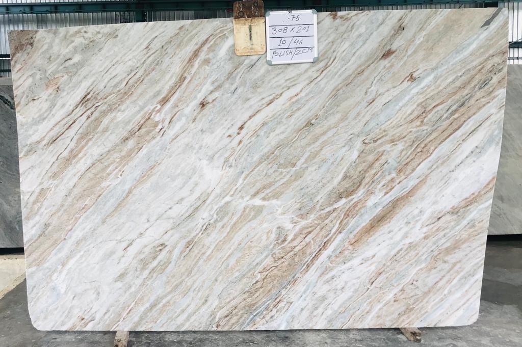 Fantasy Brown granite slab — cream and blue with brown veins